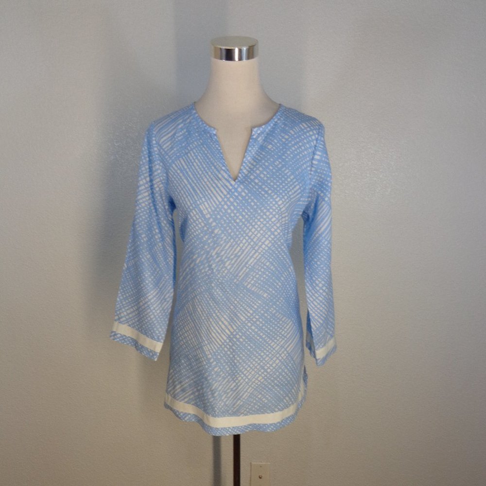 Vineyard Vines Womens Medium 100% Linen Blue White 3/4 Sleeve Tunic Shirt Top